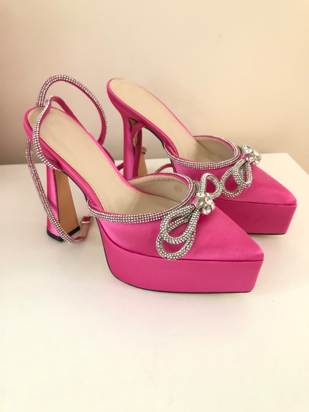 NEW Juliet Holy Pink Satin Crystal Double Bow Chunky Platform Pump Heels - Picture 8 of 14